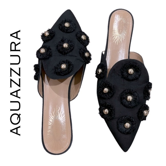 Aquazzura Shoes - Aquazzura black sunflower pointed toe flat mules size 42